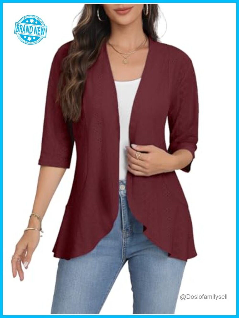 Women's 3/4 Sleeve Open Front Lightweight Netted Knit Ruffled Cardigan